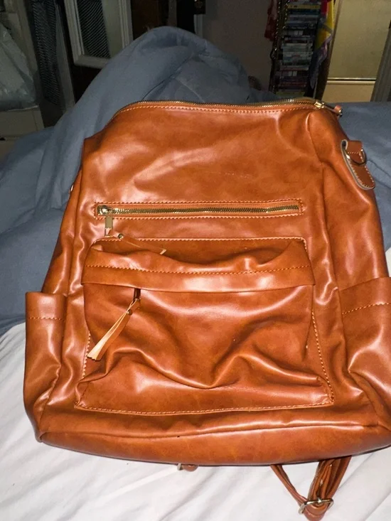 NWOT Amazon Cognac Brown Women’s Leather-Effect Backpack lots of pockets - Picture 11 of 11